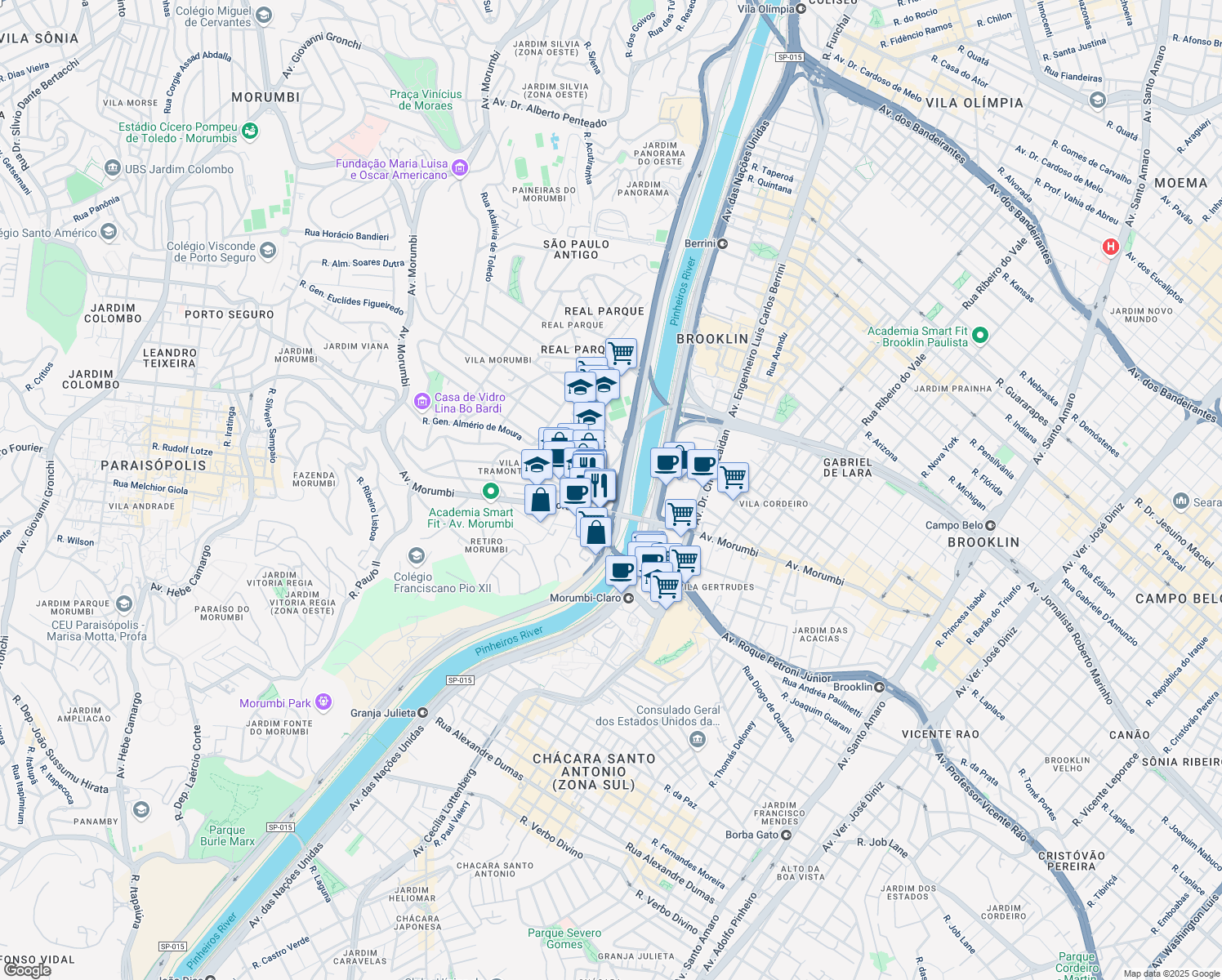 map of restaurants, bars, coffee shops, grocery stores, and more near 100 Rua Francisco Tramontano in São Paulo
