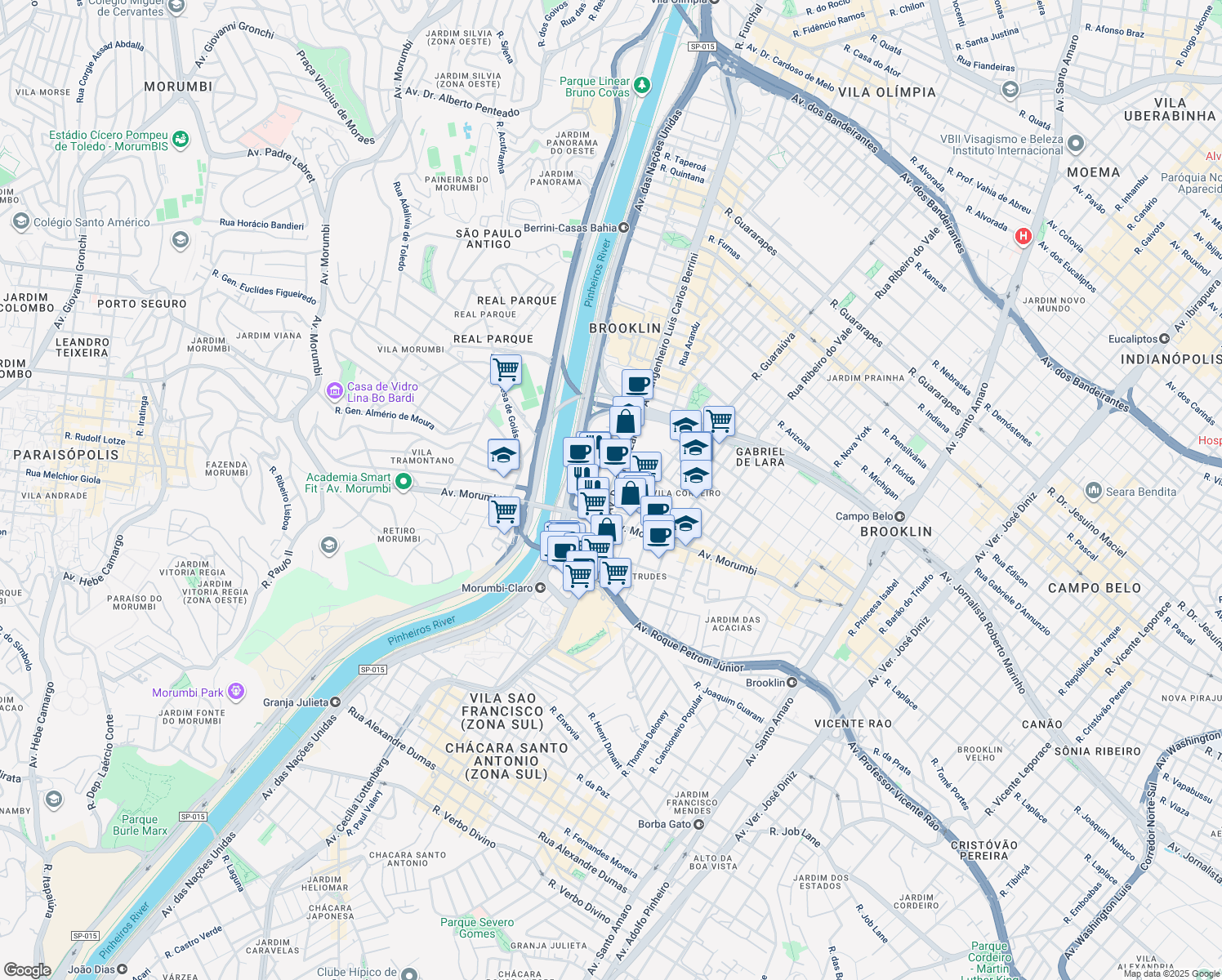 map of restaurants, bars, coffee shops, grocery stores, and more near 246 Avenida Doutor Chucri Zaidan in Sao Paulo