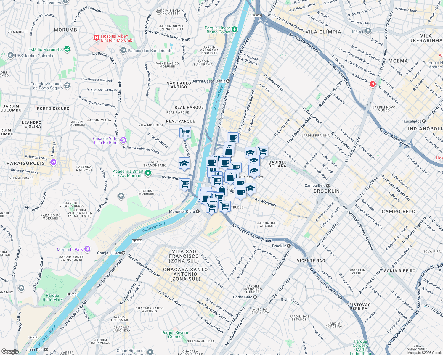 map of restaurants, bars, coffee shops, grocery stores, and more near 246 Avenida Doutor Chucri Zaidan in São Paulo