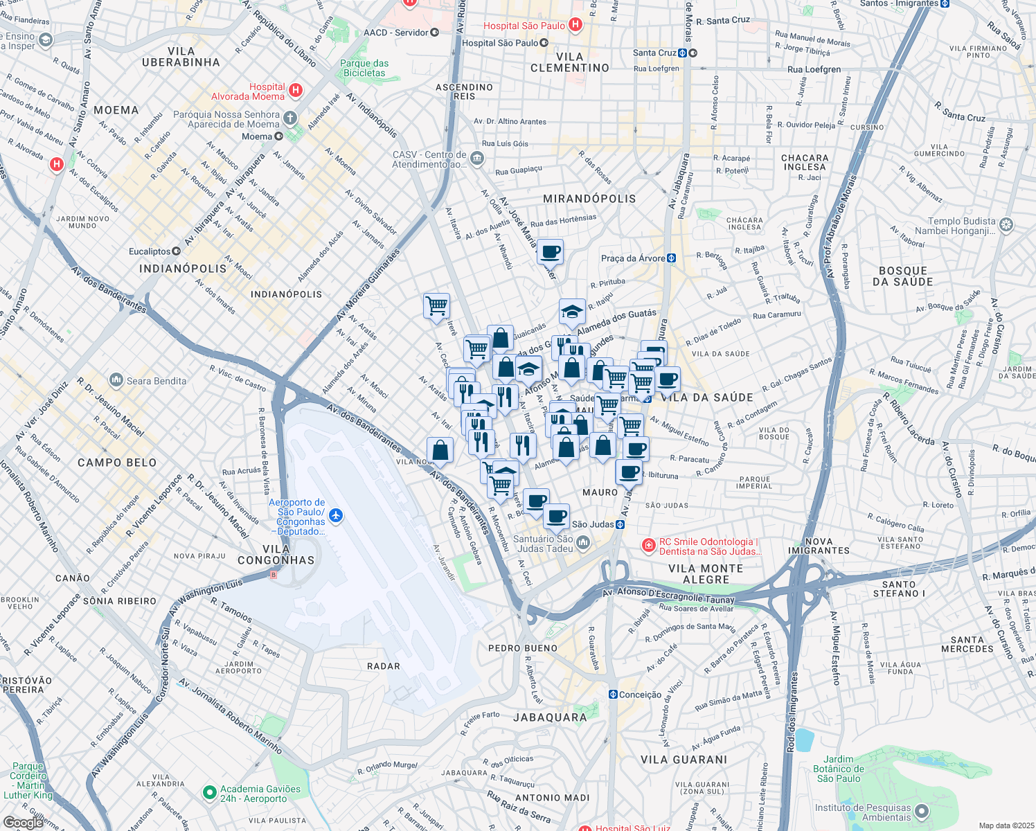 map of restaurants, bars, coffee shops, grocery stores, and more near 1932 Avenida Itacira in São Paulo