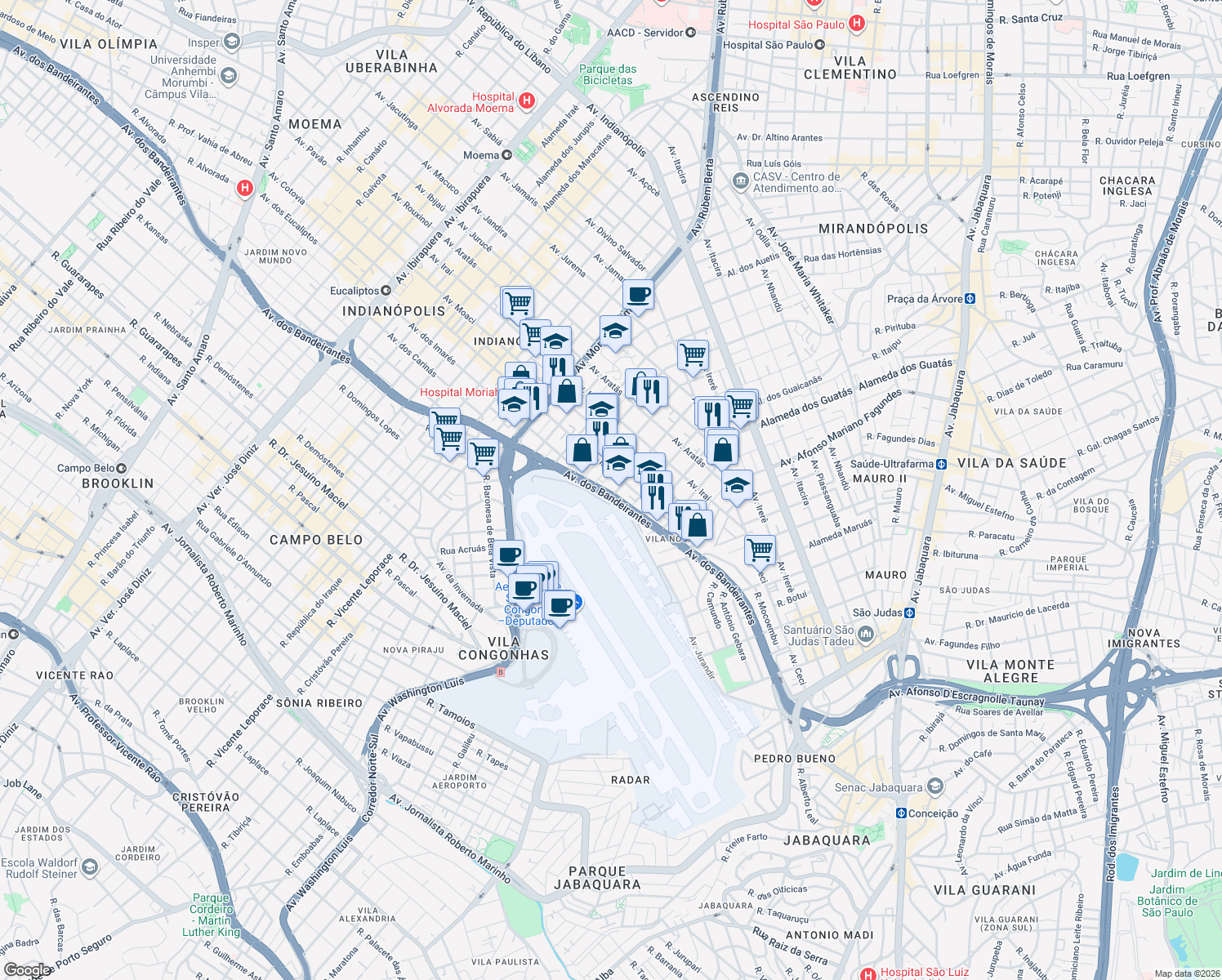 map of restaurants, bars, coffee shops, grocery stores, and more near 4507 Avenida dos Bandeirantes in São Paulo