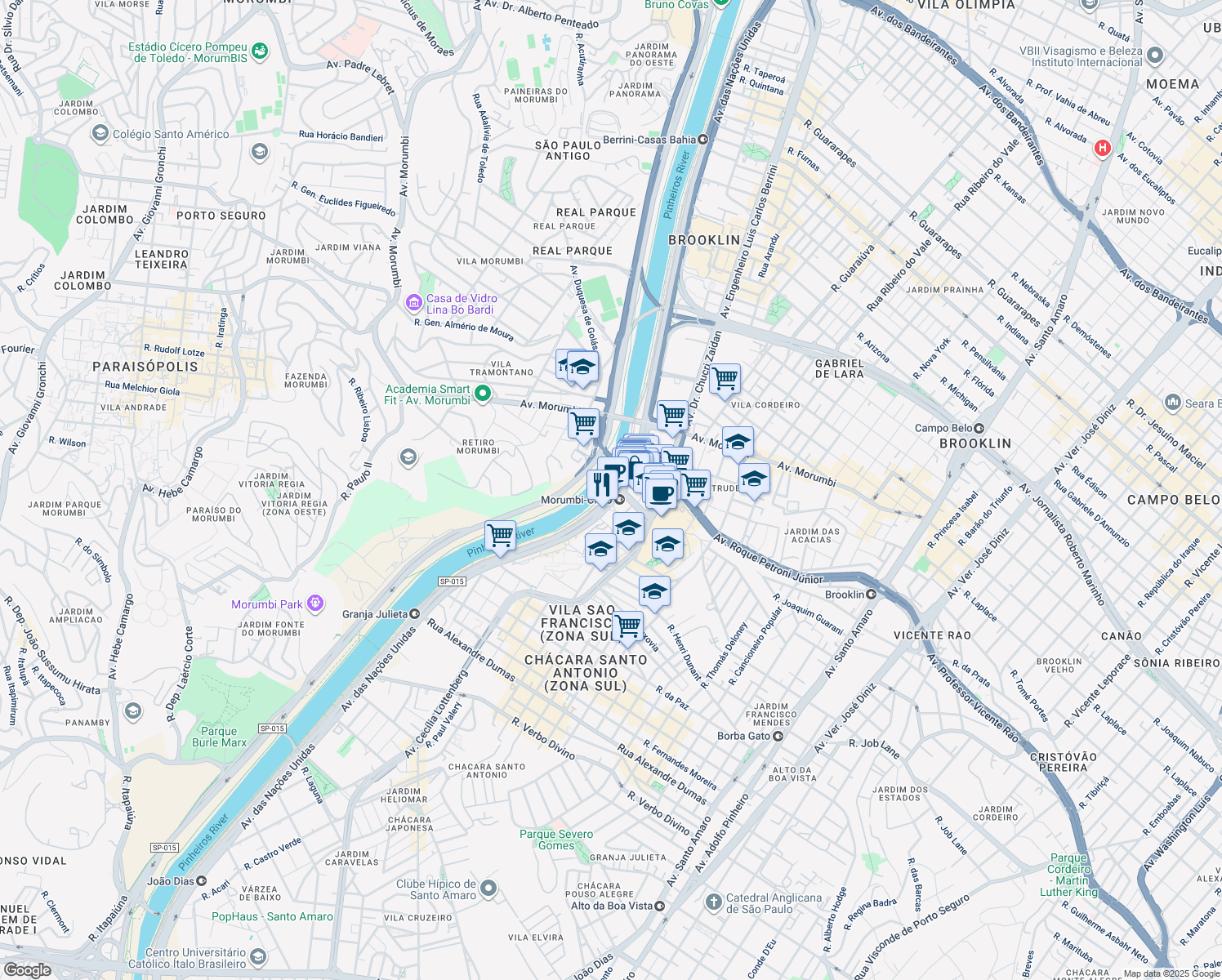map of restaurants, bars, coffee shops, grocery stores, and more near Avenida das Nações Unidas in São Paulo