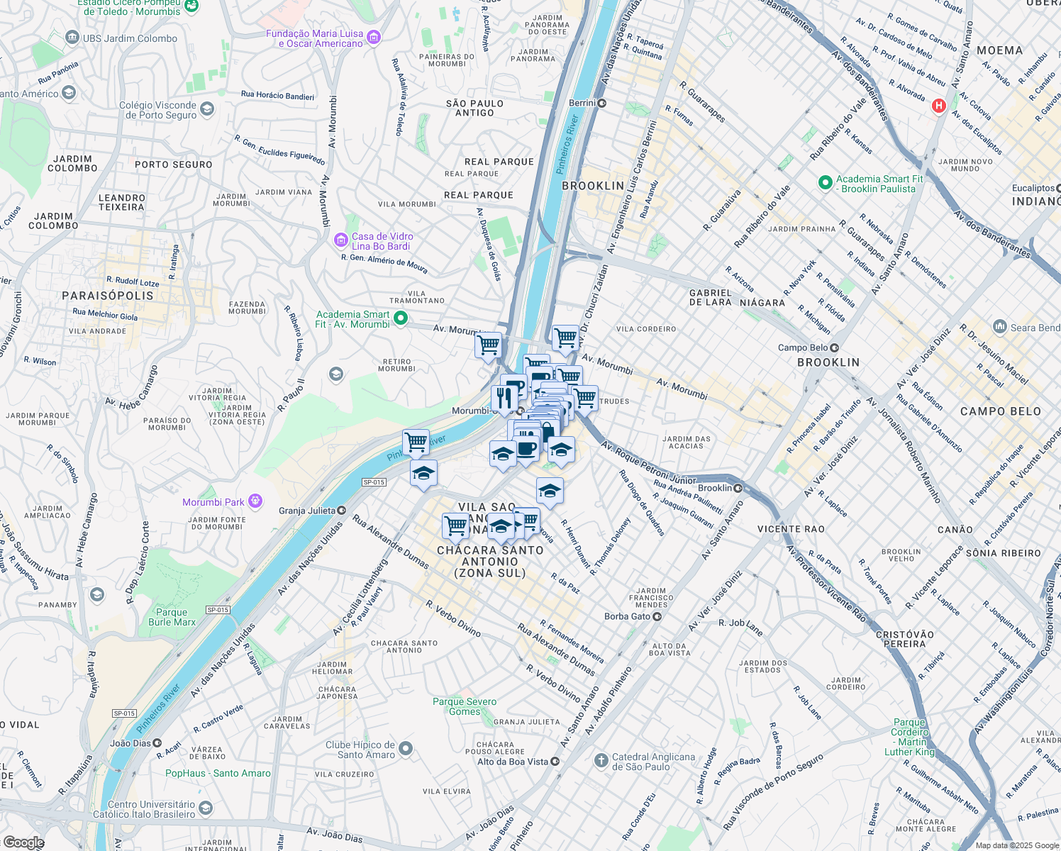 map of restaurants, bars, coffee shops, grocery stores, and more near 14171 Avenida das Nações Unidas in São Paulo