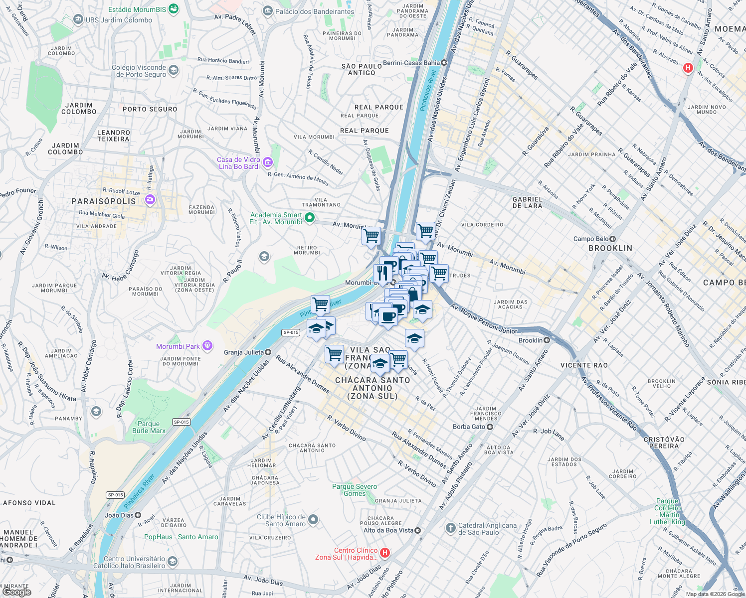 map of restaurants, bars, coffee shops, grocery stores, and more near 17891 Avenida das Nações Unidas in São Paulo