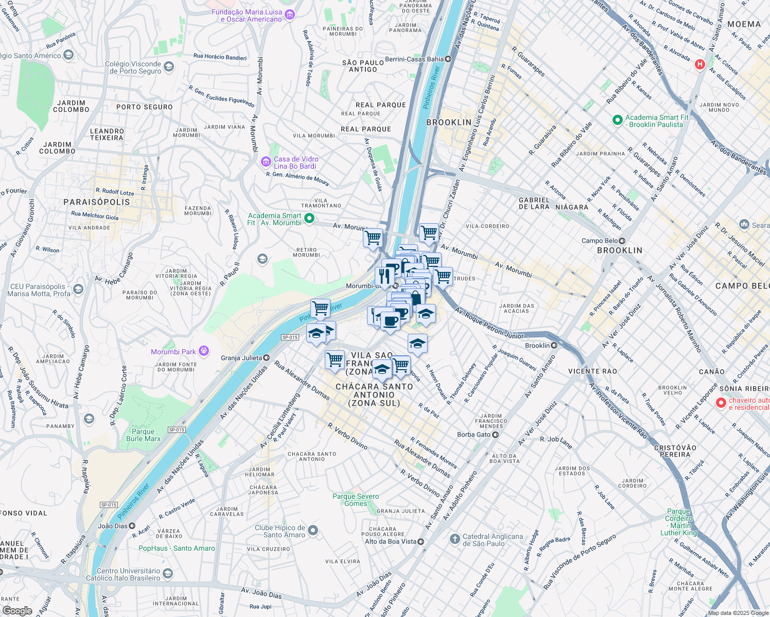 map of restaurants, bars, coffee shops, grocery stores, and more near 14261 Avenida das Nações Unidas in São Paulo