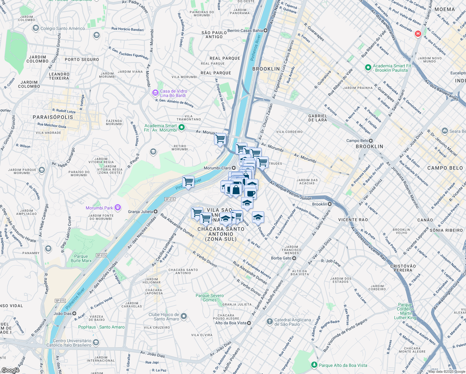 map of restaurants, bars, coffee shops, grocery stores, and more near 1240 Avenida Doutor Chucri Zaidan in São Paulo