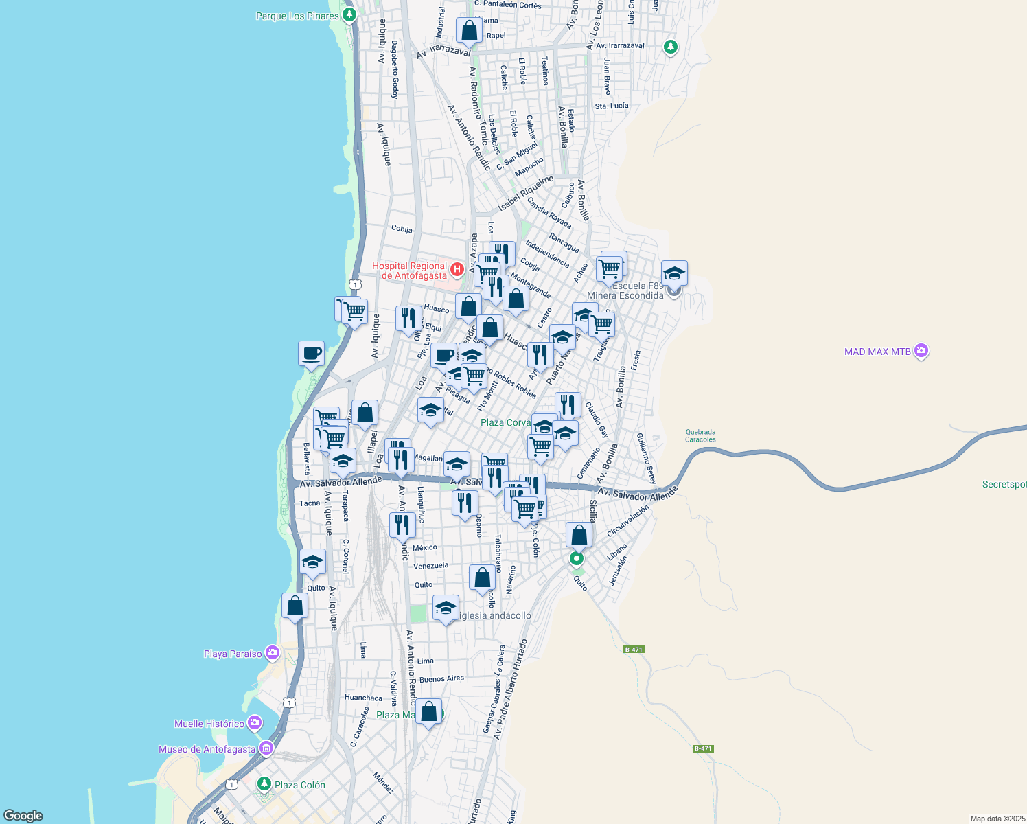 map of restaurants, bars, coffee shops, grocery stores, and more near in Antofagasta