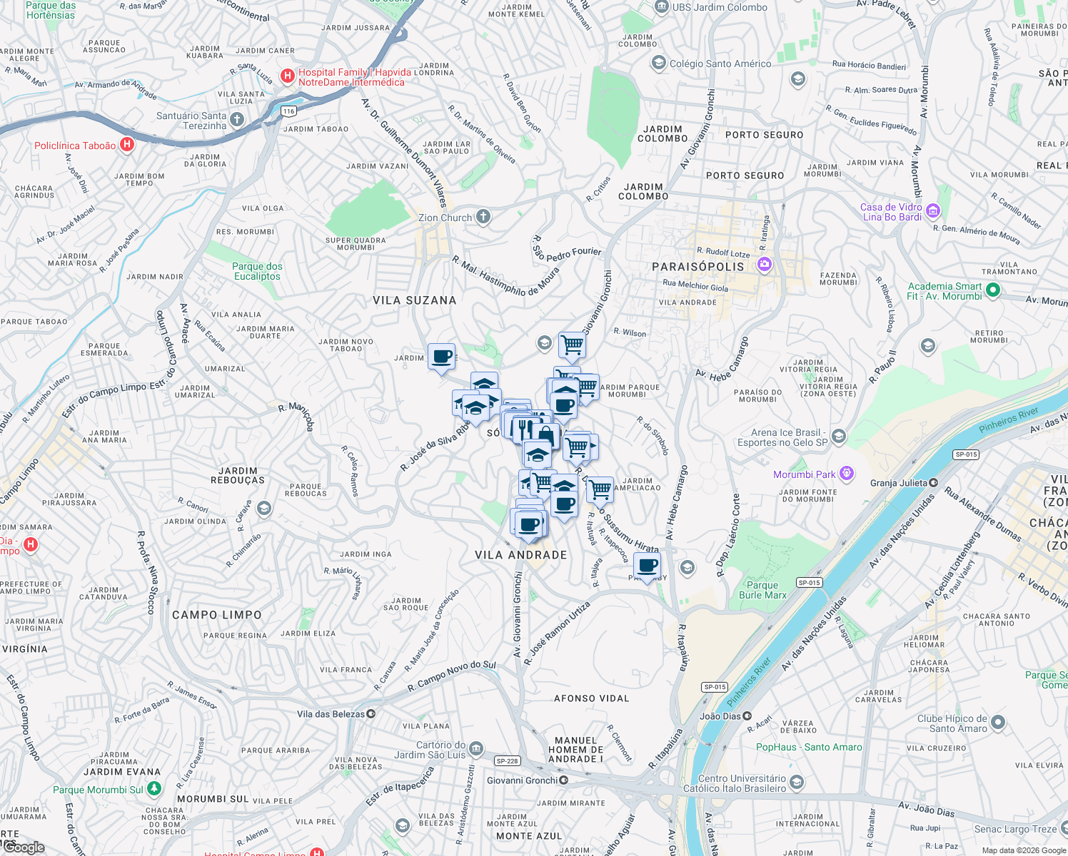 map of restaurants, bars, coffee shops, grocery stores, and more near Rua Abdo Ambuba in São Paulo