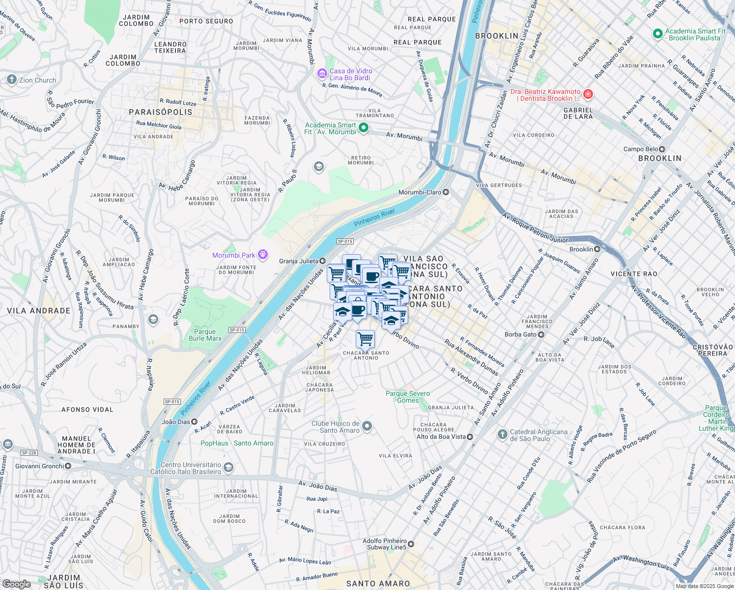 map of restaurants, bars, coffee shops, grocery stores, and more near 1711 Rua Alexandre Dumas in São Paulo