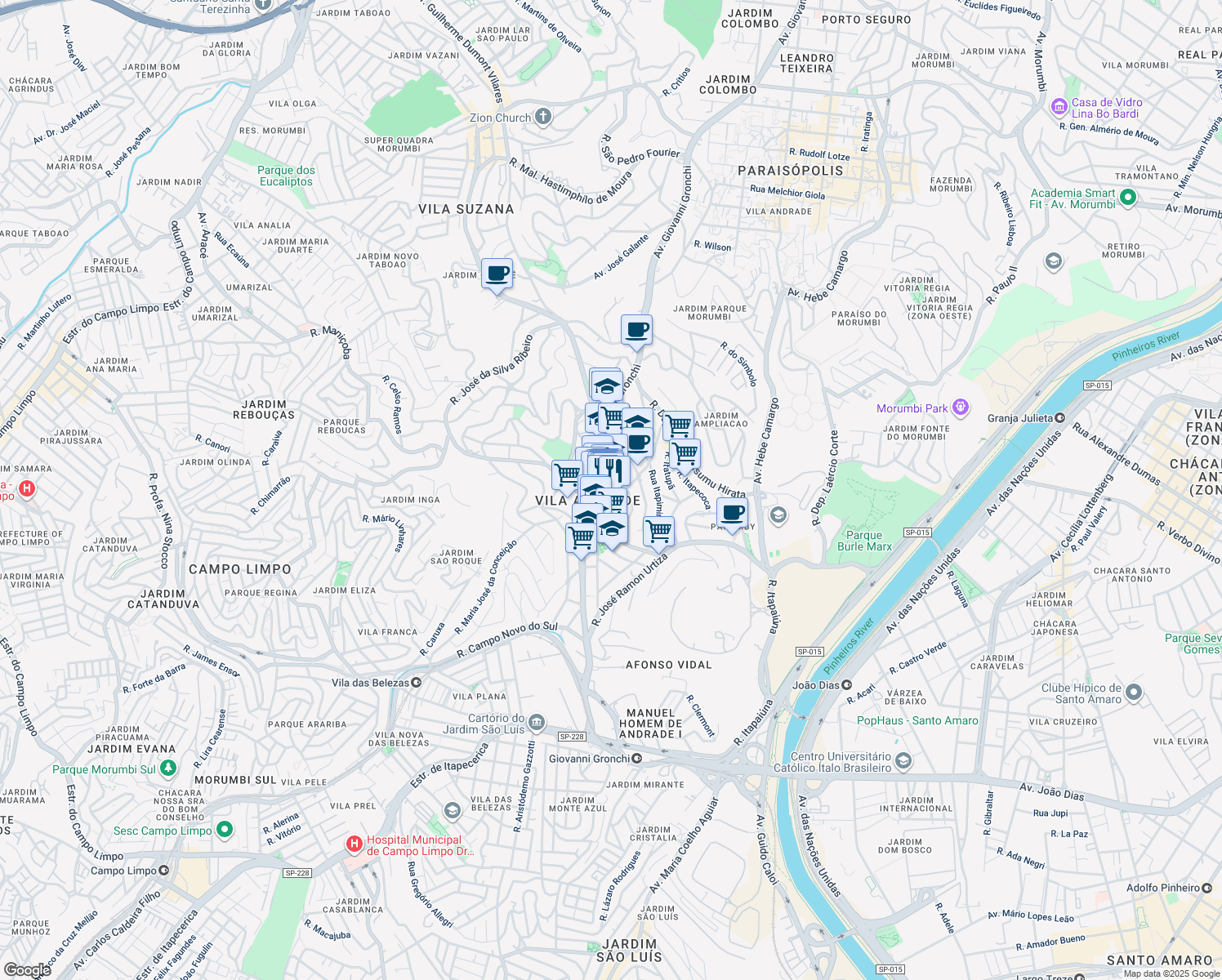 map of restaurants, bars, coffee shops, grocery stores, and more near 61 Rua Itacaiúna in São Paulo