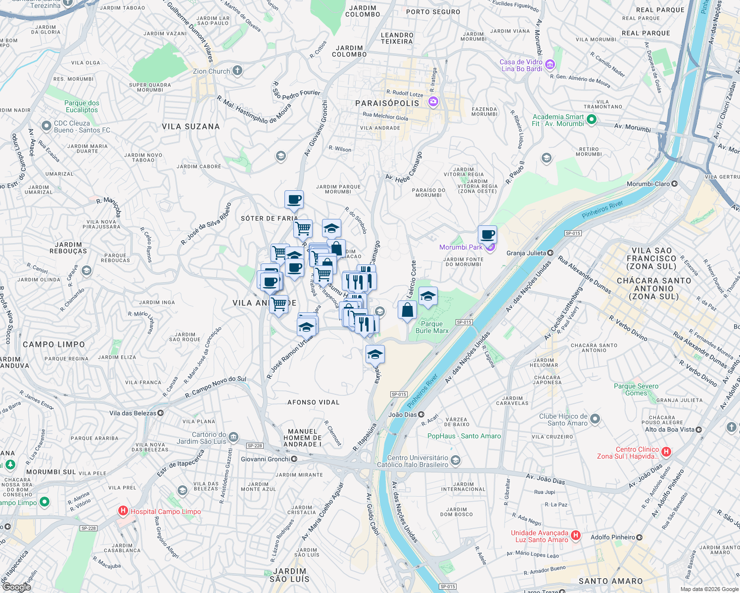 map of restaurants, bars, coffee shops, grocery stores, and more near 1165 Rua Itapaiúna in São Paulo
