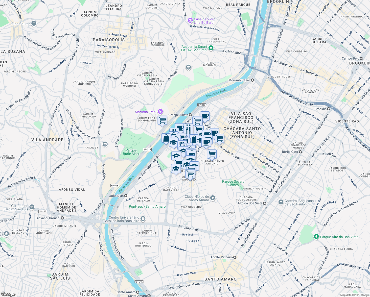 map of restaurants, bars, coffee shops, grocery stores, and more near 145 Avenida Alfredo Egídio de Souza Aranha in São Paulo