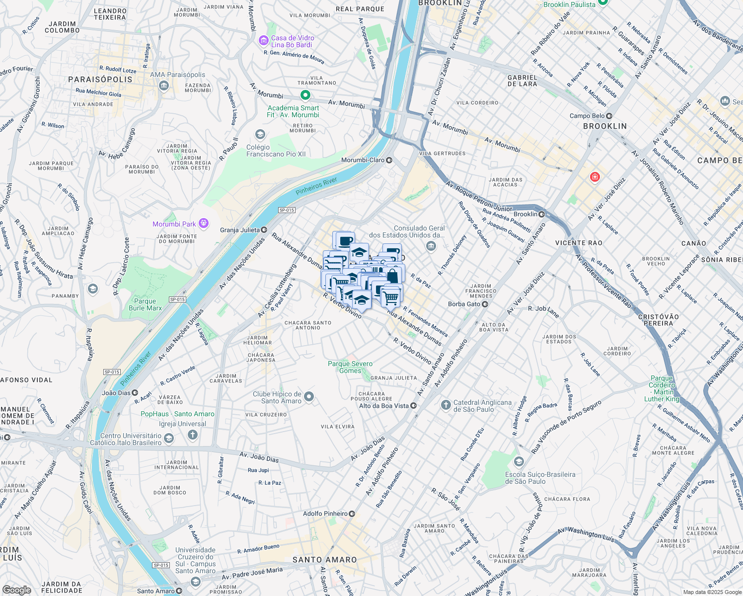 map of restaurants, bars, coffee shops, grocery stores, and more near 1178 Rua Alexandre Dumas in São Paulo
