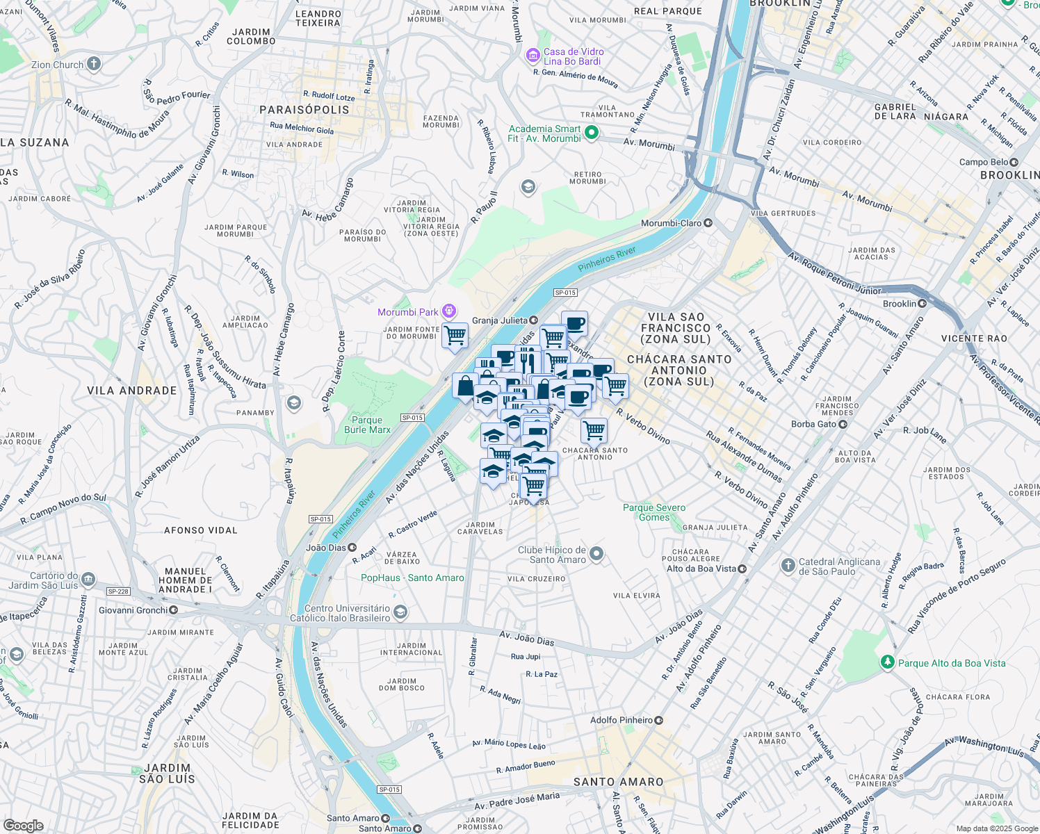 map of restaurants, bars, coffee shops, grocery stores, and more near 145 Avenida Alfredo Egídio de Souza Aranha in São Paulo