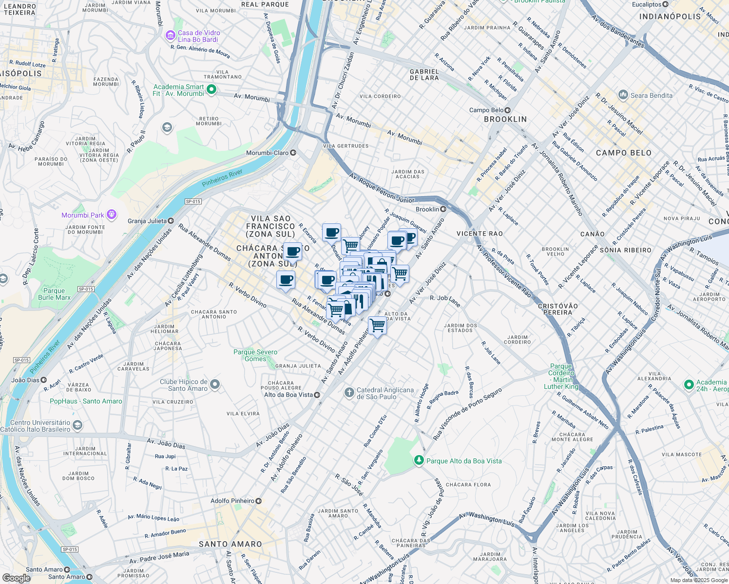 map of restaurants, bars, coffee shops, grocery stores, and more near 90 Rua Henri Dunant in São Paulo