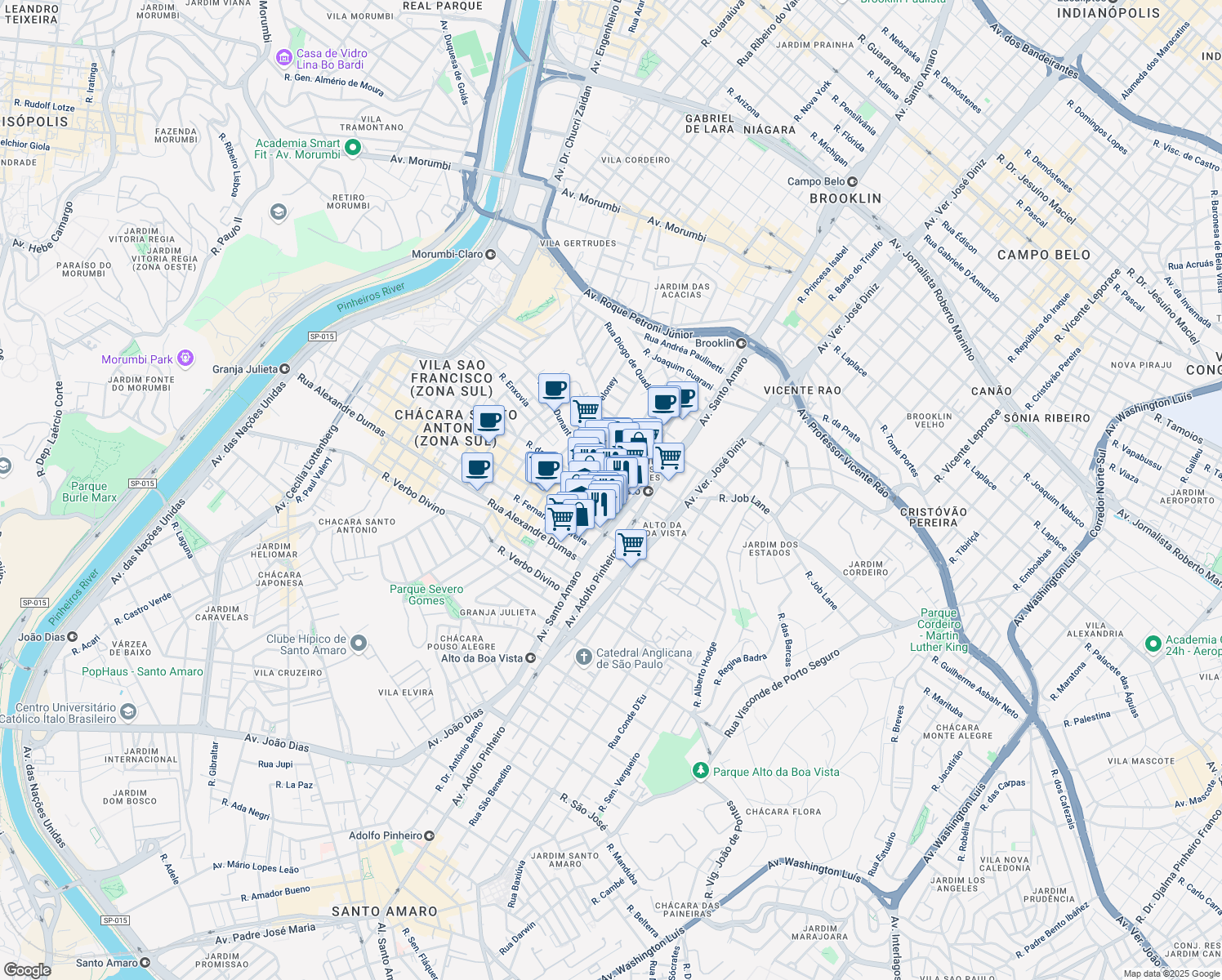map of restaurants, bars, coffee shops, grocery stores, and more near 90 Rua Henri Dunant in São Paulo