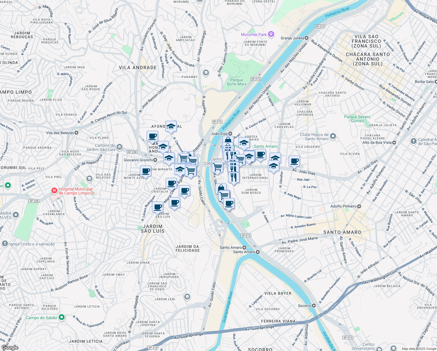 map of restaurants, bars, coffee shops, grocery stores, and more near 17891 Avenida das Nações Unidas in São Paulo