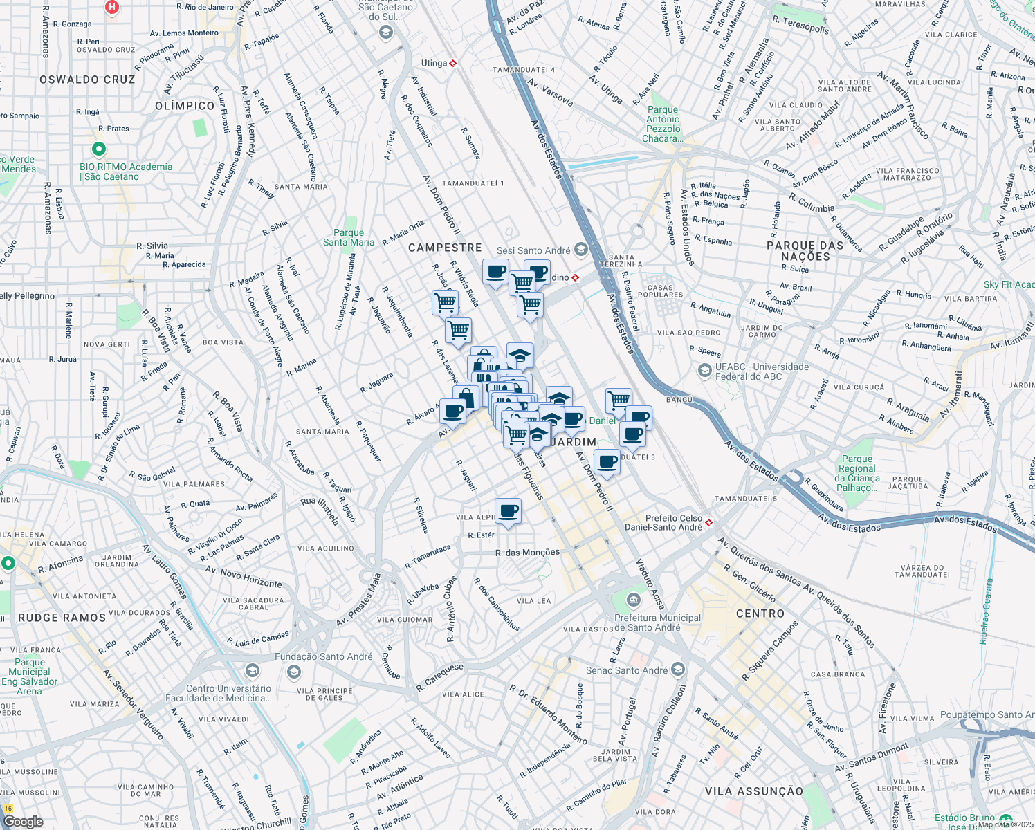map of restaurants, bars, coffee shops, grocery stores, and more near 520 Rua das Paineiras in Santo André