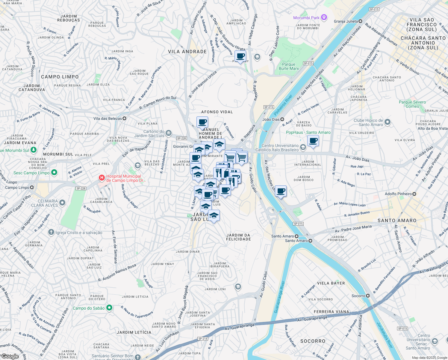 map of restaurants, bars, coffee shops, grocery stores, and more near 215 Avenida Maria Coelho Aguiar in São Paulo