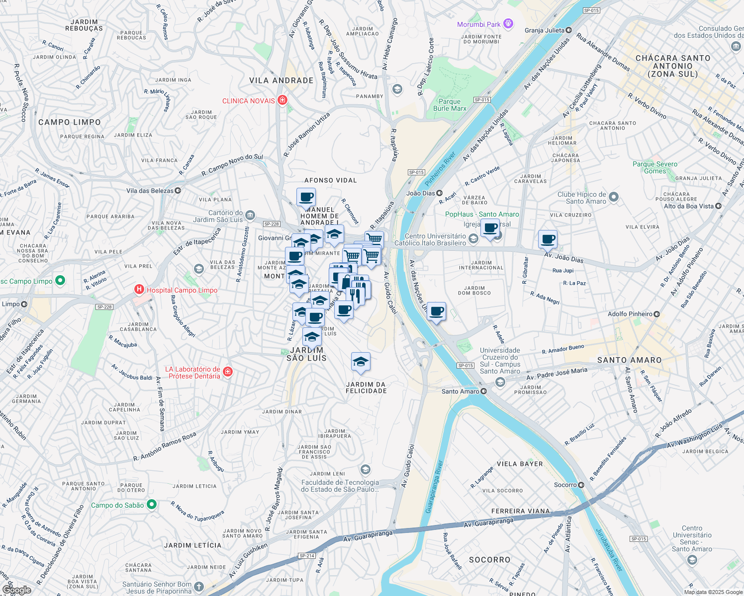 map of restaurants, bars, coffee shops, grocery stores, and more near 215 Avenida Maria Coelho Aguiar in São Paulo