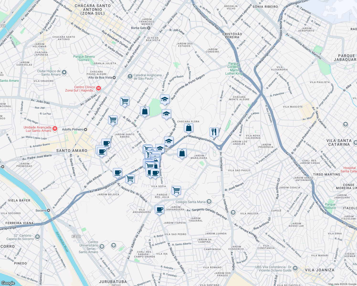map of restaurants, bars, coffee shops, grocery stores, and more near 1990 Avenida Washington Luís in São Paulo