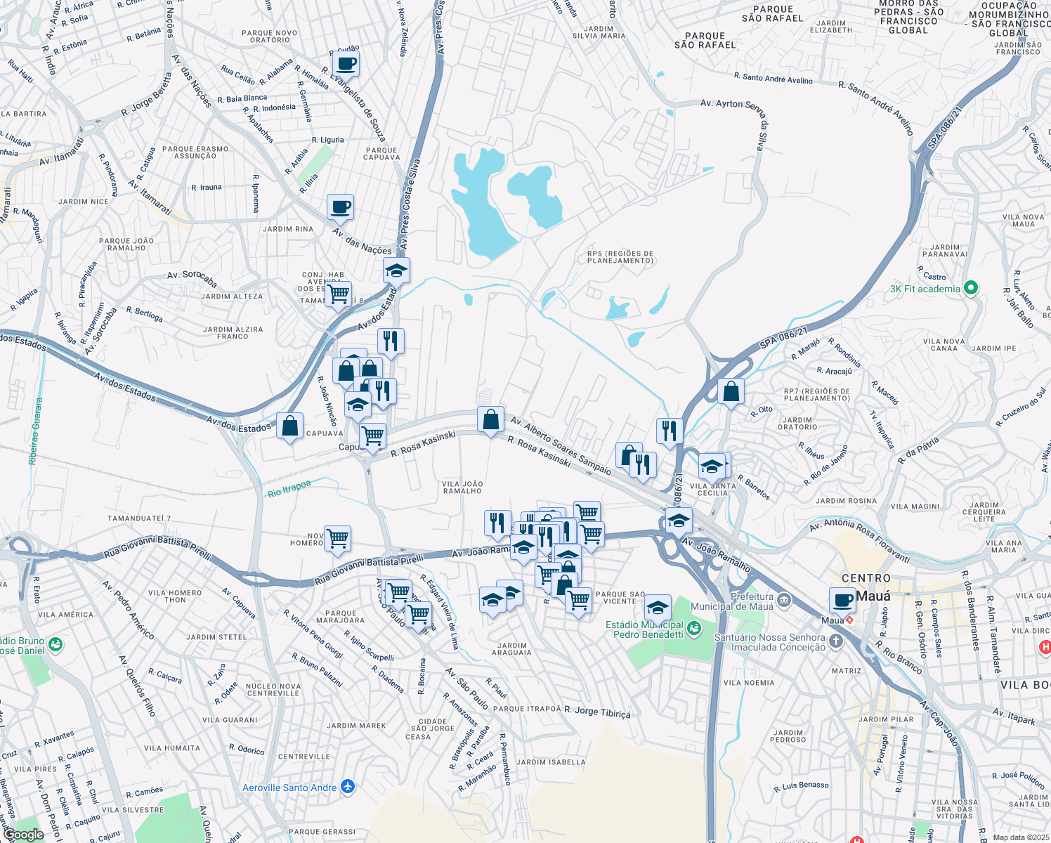 map of restaurants, bars, coffee shops, grocery stores, and more near 1764 Avenida Alberto Soares Sampaio in Mauá