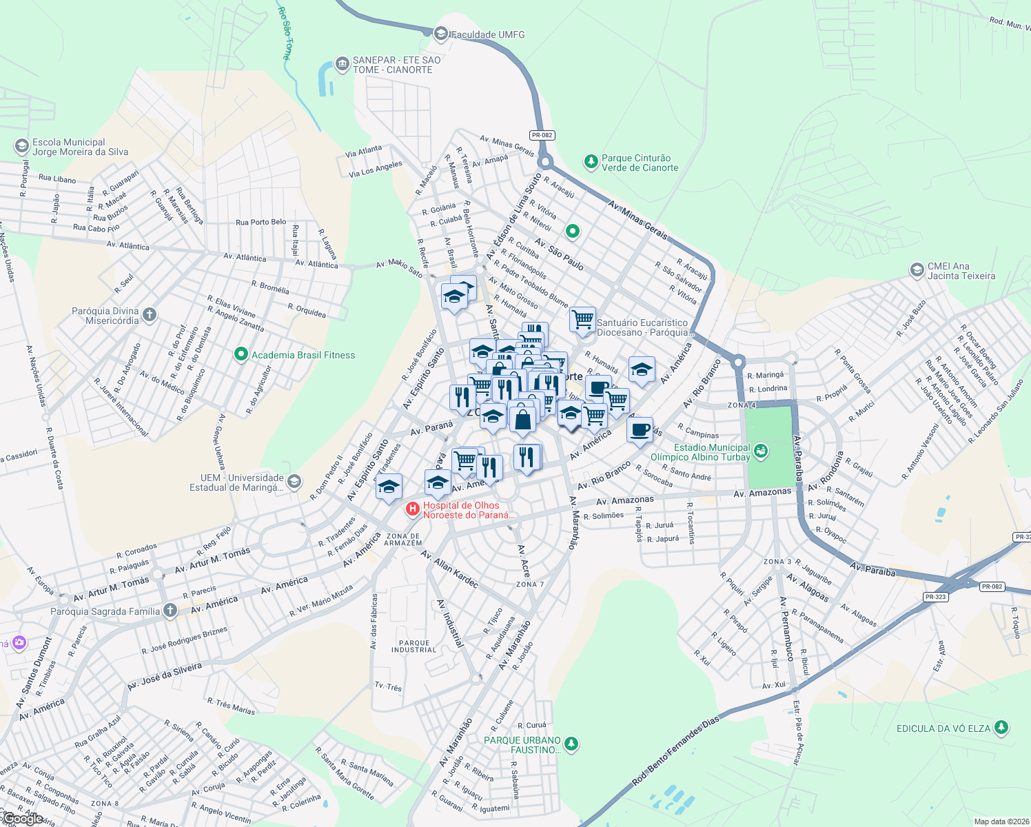 map of restaurants, bars, coffee shops, grocery stores, and more near 691 Rua Álvares Cabral in Cianorte