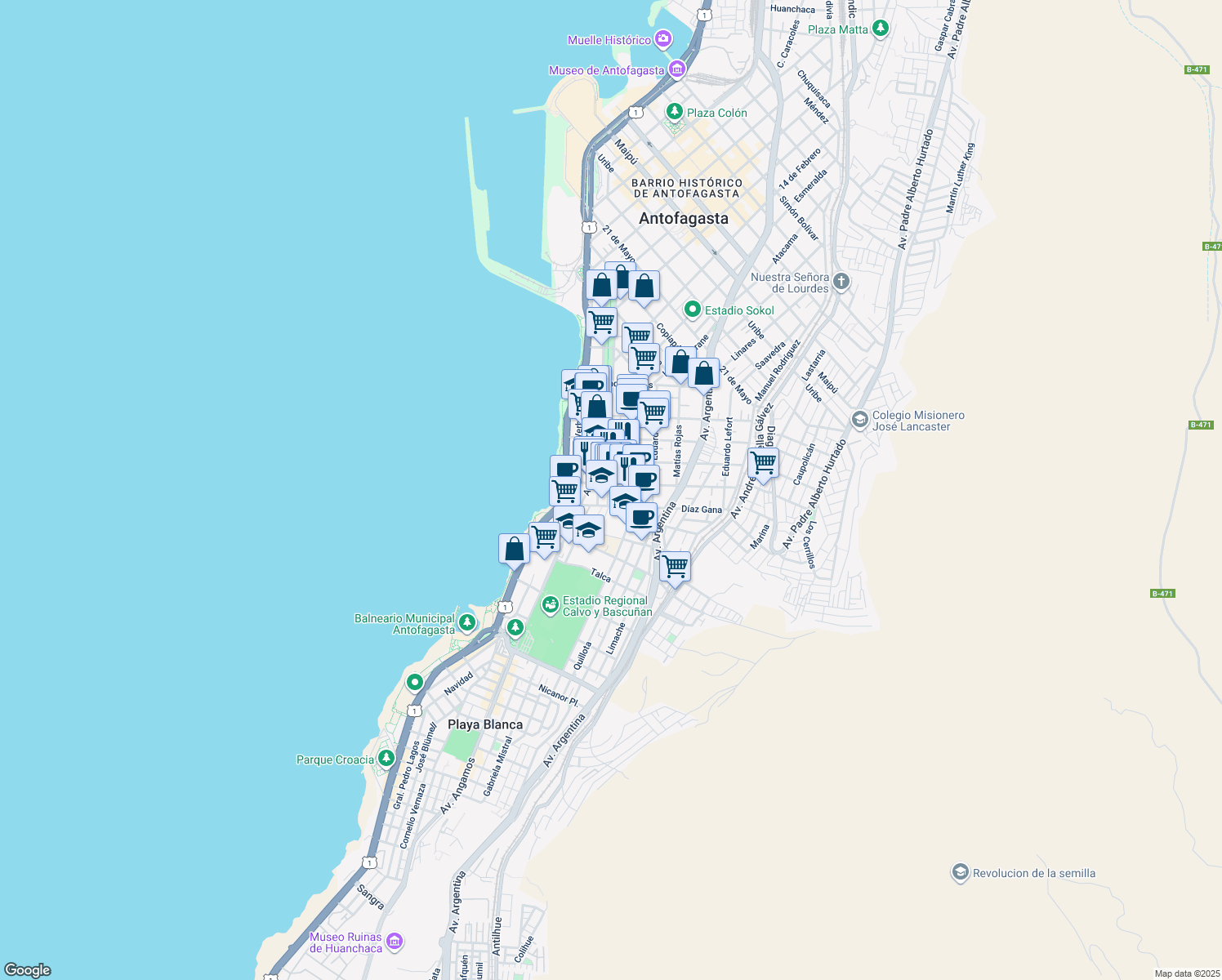map of restaurants, bars, coffee shops, grocery stores, and more near 1280 Avenida General Bernardo O'Higgins in Antofagasta
