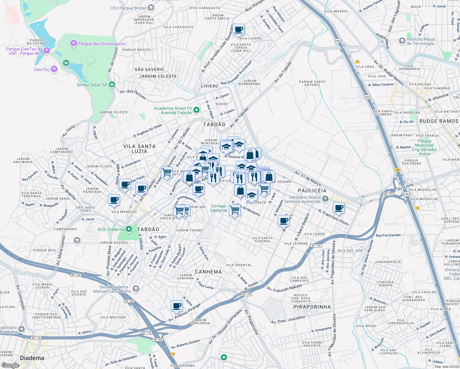 map of restaurants, bars, coffee shops, grocery stores, and more near in Diadema