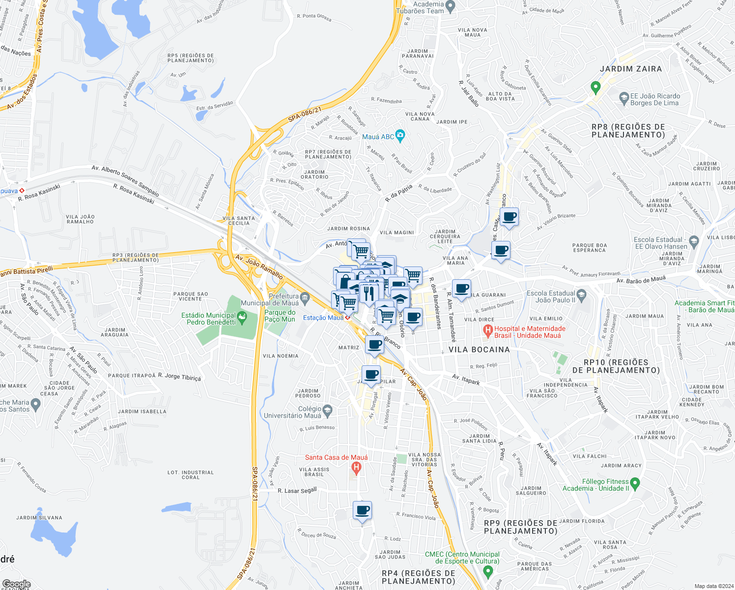 map of restaurants, bars, coffee shops, grocery stores, and more near in Mauá