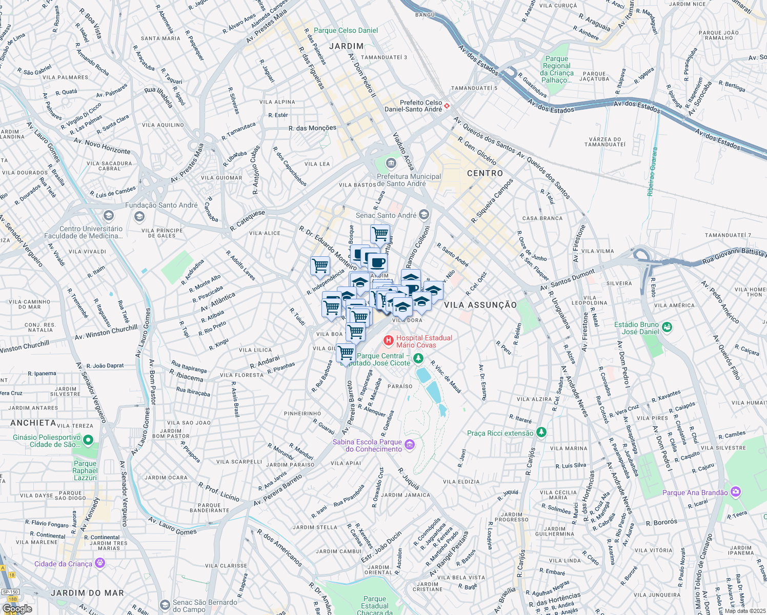 map of restaurants, bars, coffee shops, grocery stores, and more near 42 Avenida Pereira Barreto in Santo André