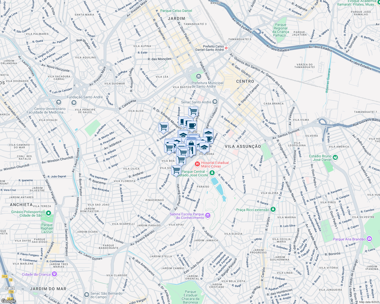map of restaurants, bars, coffee shops, grocery stores, and more near 42 Avenida Pereira Barreto in Santo André