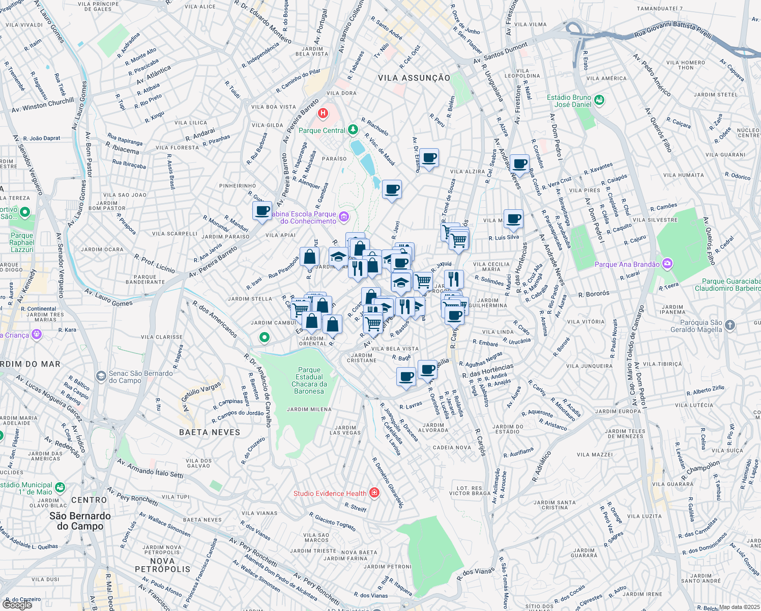 map of restaurants, bars, coffee shops, grocery stores, and more near in Santo André