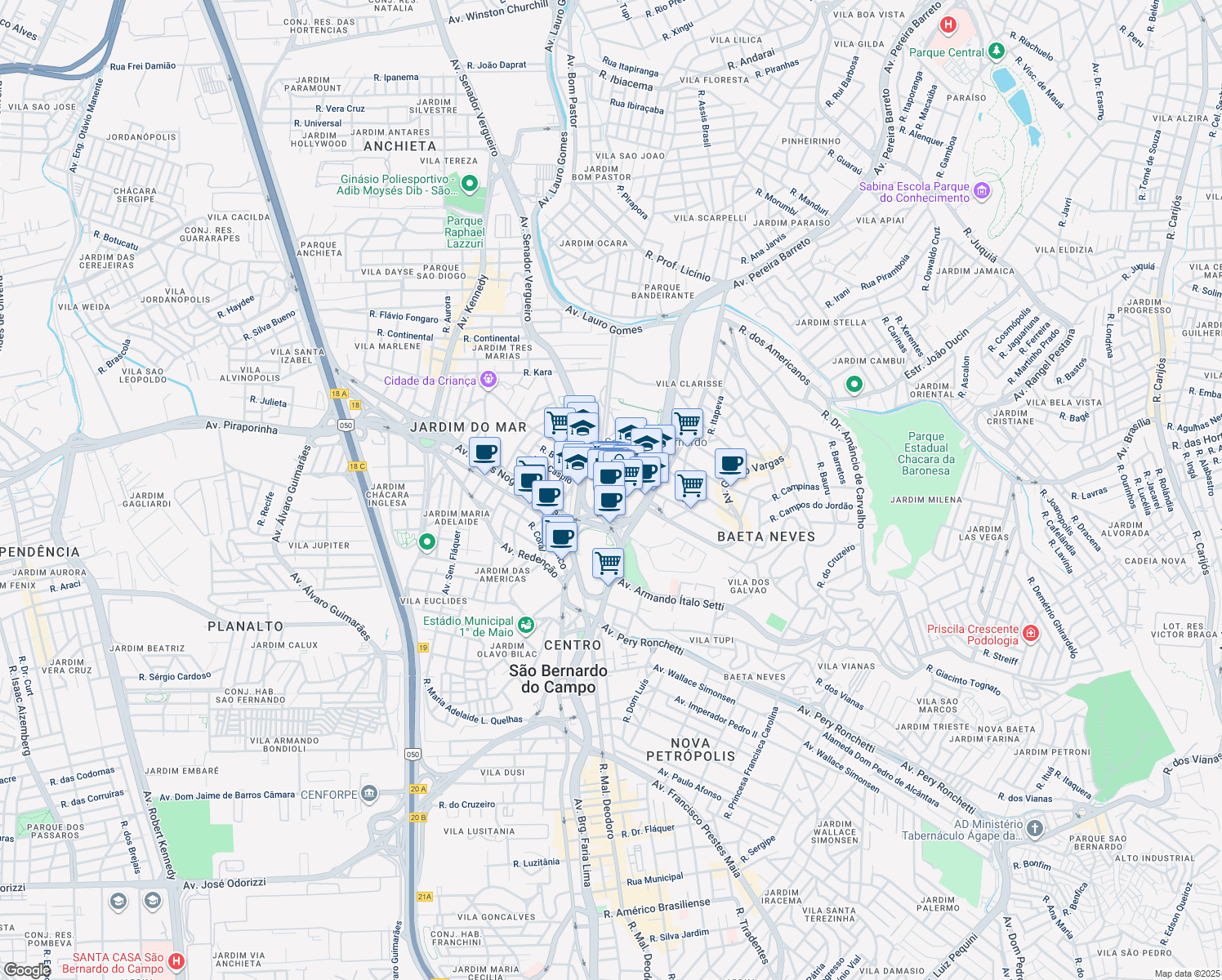 map of restaurants, bars, coffee shops, grocery stores, and more near 200 Praça Samuel Sabatini in São Bernardo do Campo