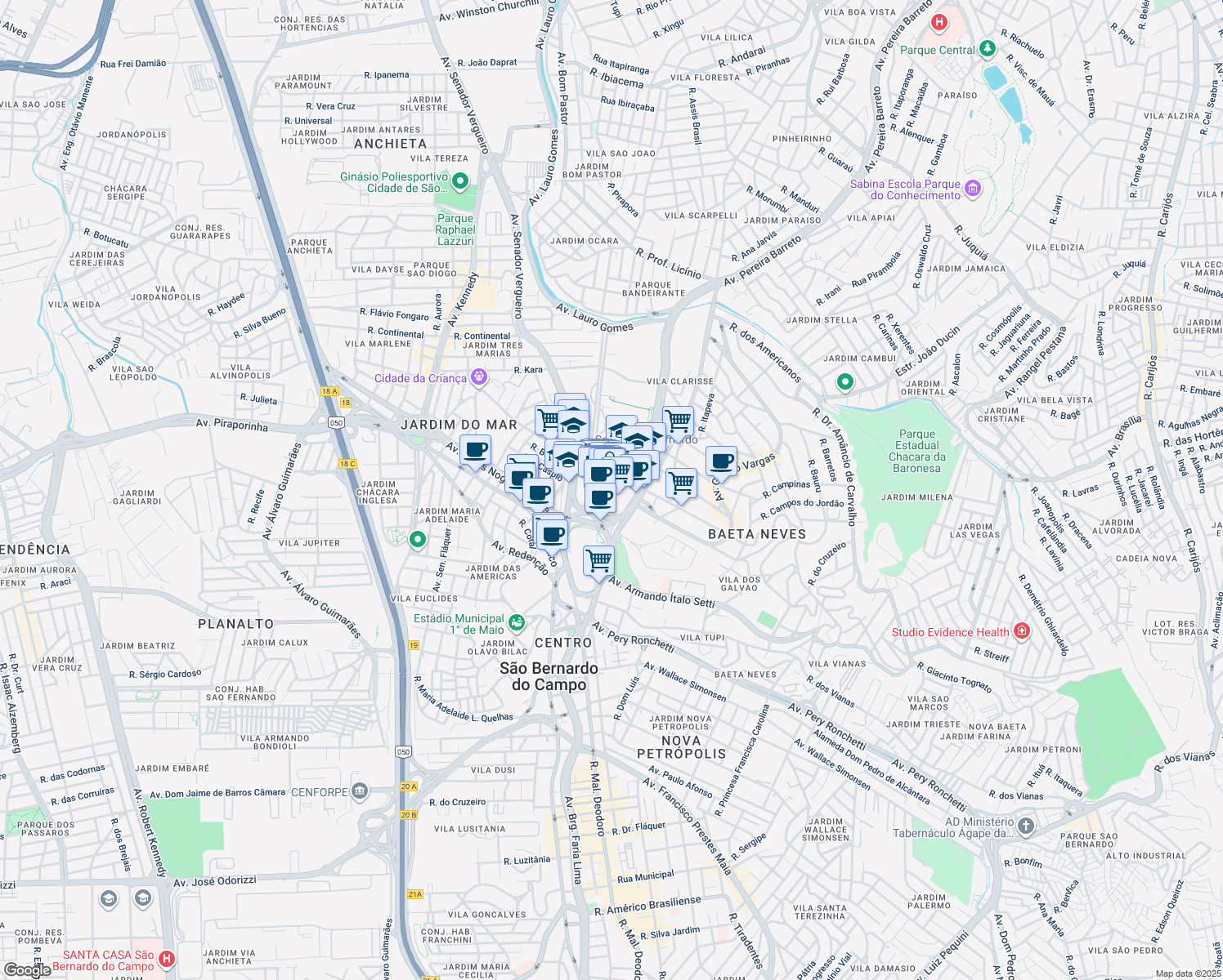 map of restaurants, bars, coffee shops, grocery stores, and more near 200 Praça Samuel Sabatini in São Bernardo do Campo