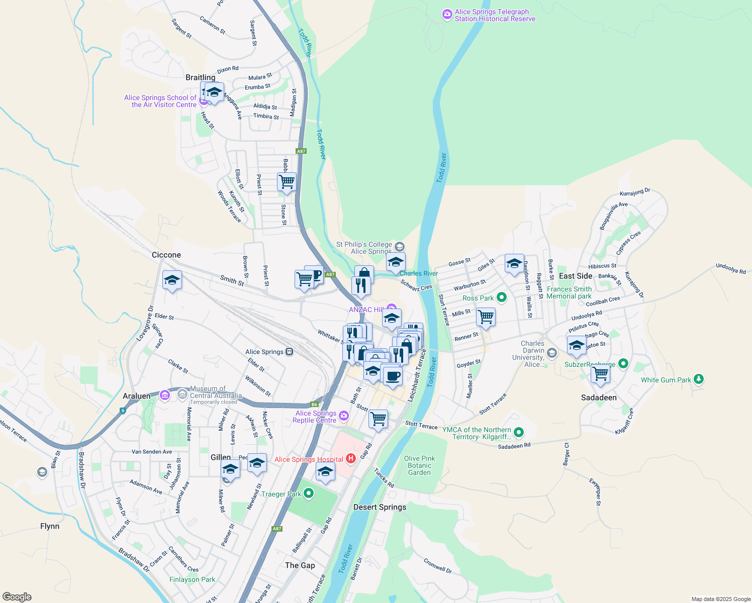 map of restaurants, bars, coffee shops, grocery stores, and more near Anzac Hill Road in Alice Springs