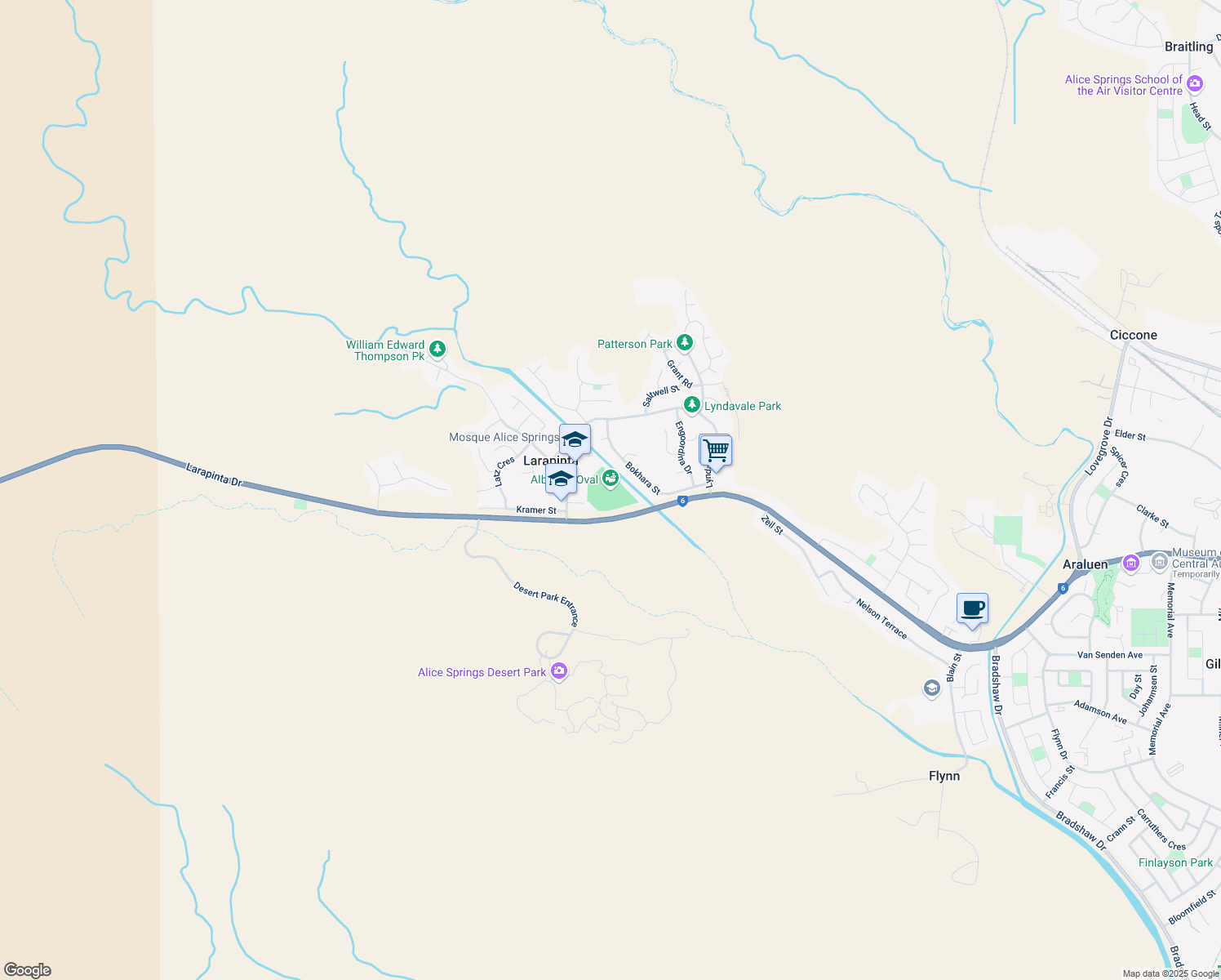 map of restaurants, bars, coffee shops, grocery stores, and more near in Larapinta