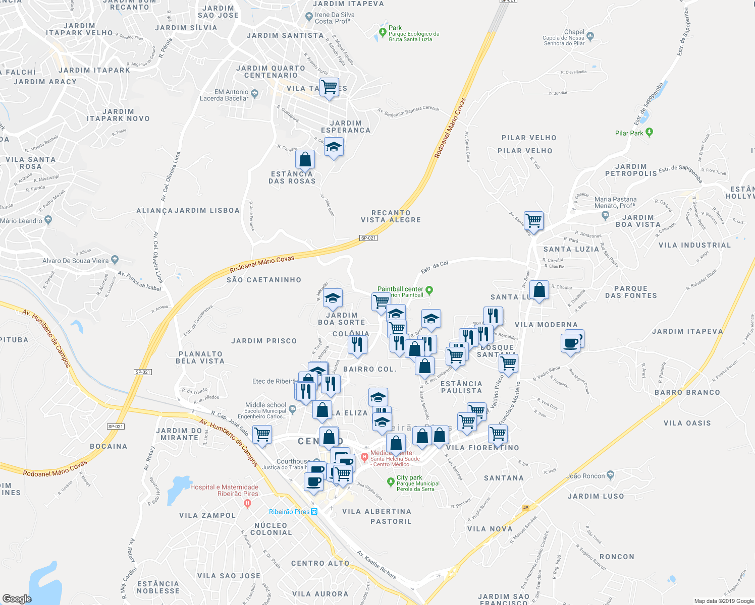 map of restaurants, bars, coffee shops, grocery stores, and more near Avenida Orlando Greco in Ribeirão Pires