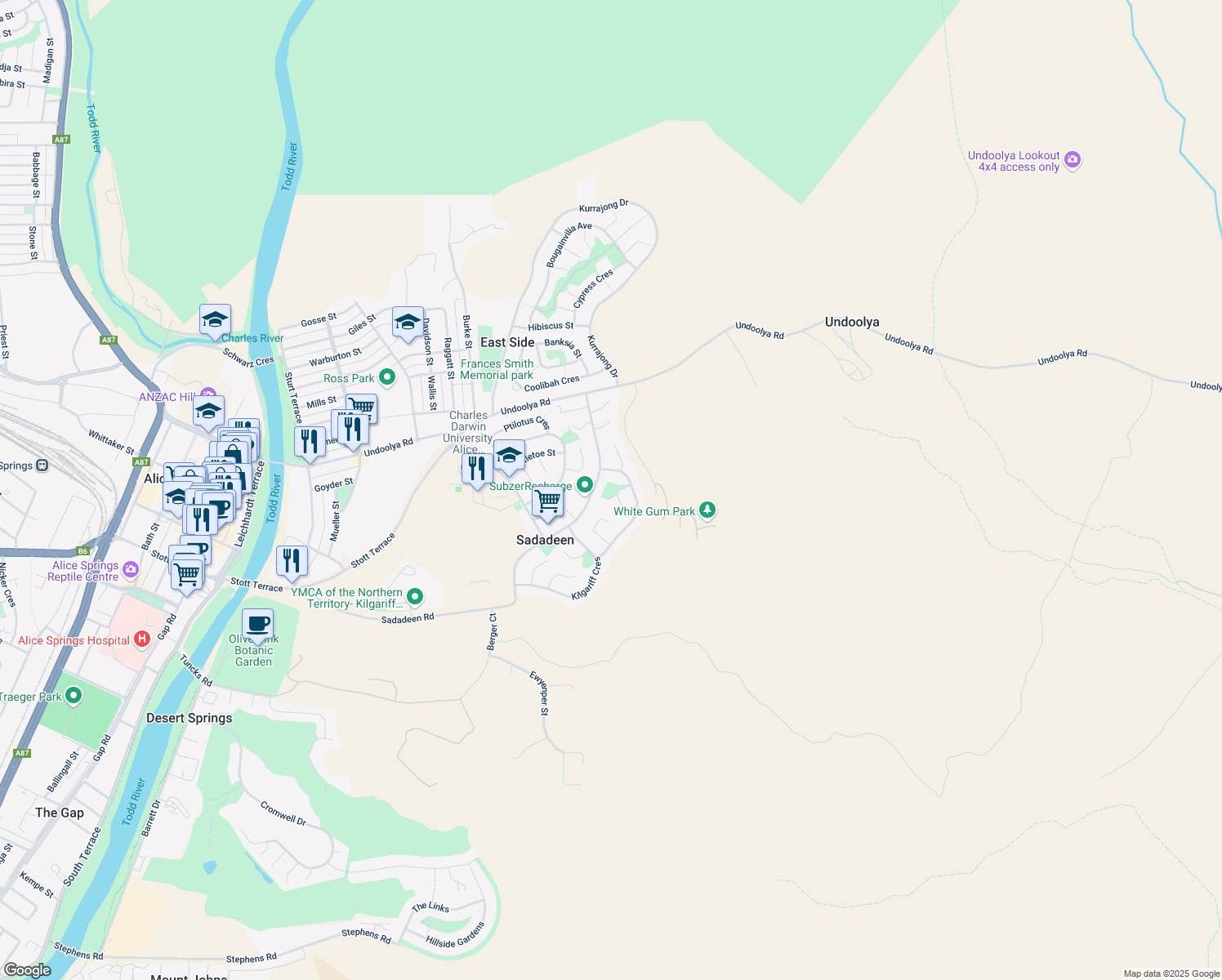 map of restaurants, bars, coffee shops, grocery stores, and more near 20 Rieff Court in Sadadeen