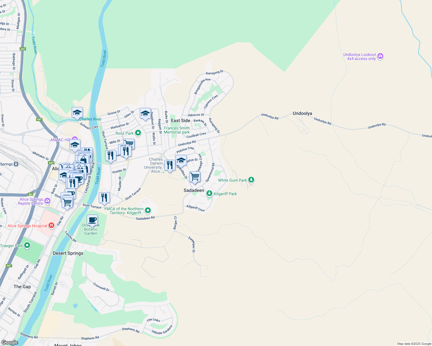 map of restaurants, bars, coffee shops, grocery stores, and more near 20 Rieff Court in Sadadeen