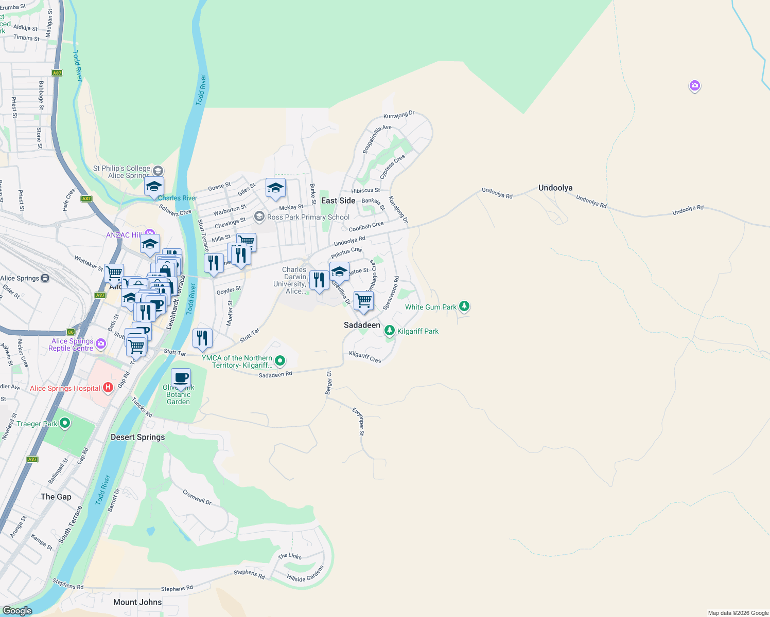 map of restaurants, bars, coffee shops, grocery stores, and more near Spearwood Road in Sadadeen
