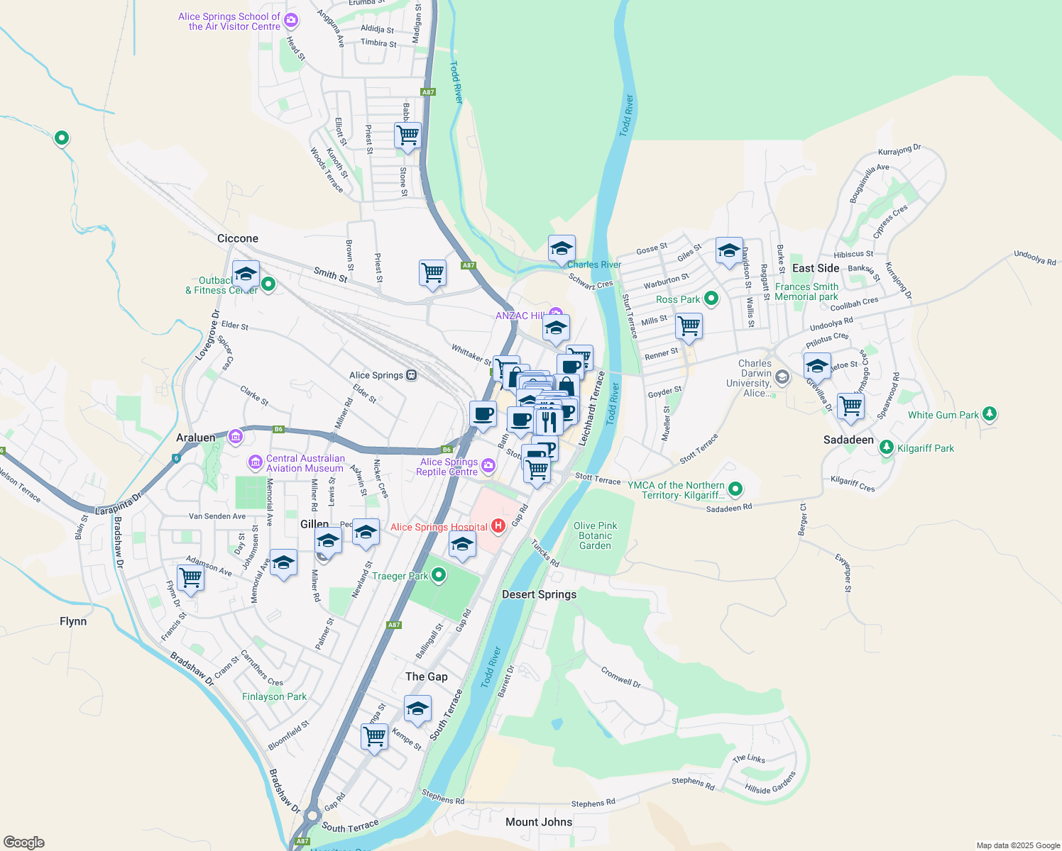 map of restaurants, bars, coffee shops, grocery stores, and more near 12 Gregory Terrace in Alice Springs