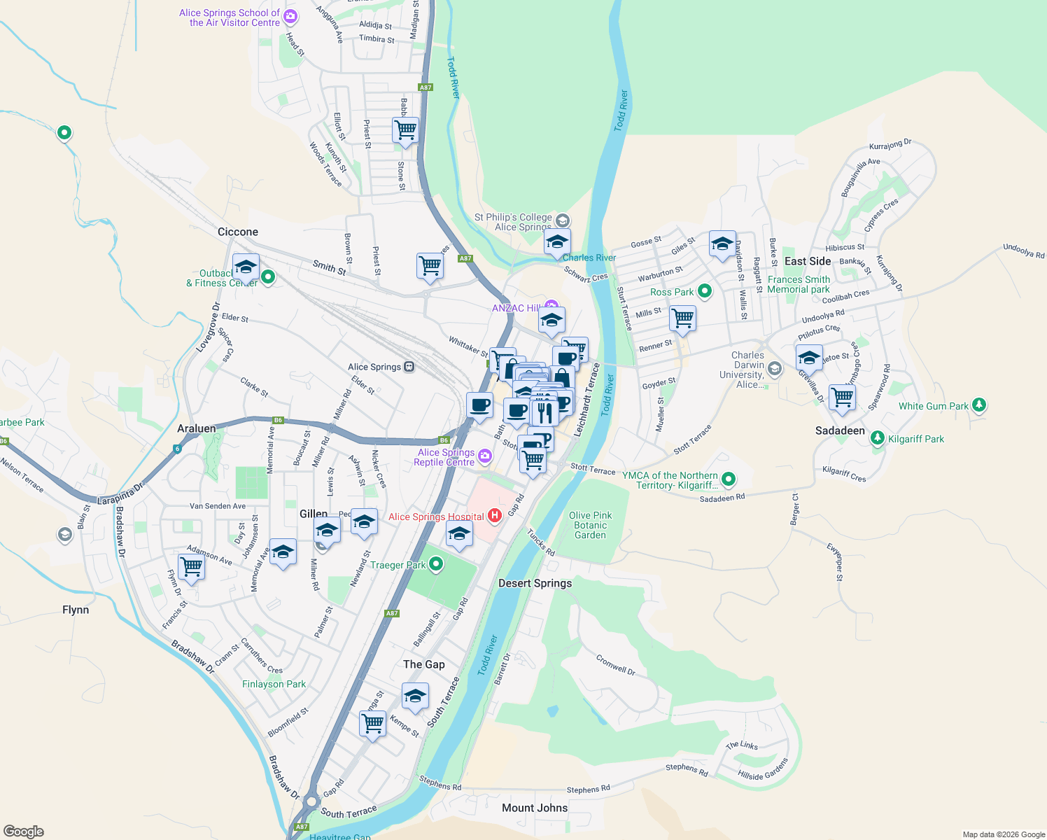 map of restaurants, bars, coffee shops, grocery stores, and more near 12 Gregory Terrace in Alice Springs