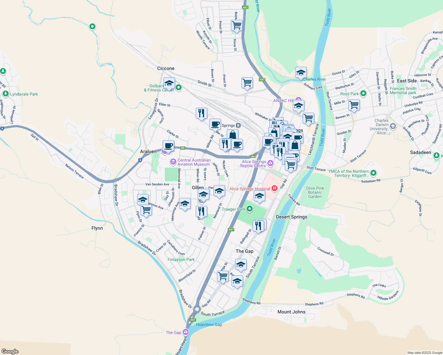 map of restaurants, bars, coffee shops, grocery stores, and more near 29 Ashwin Street in Gillen