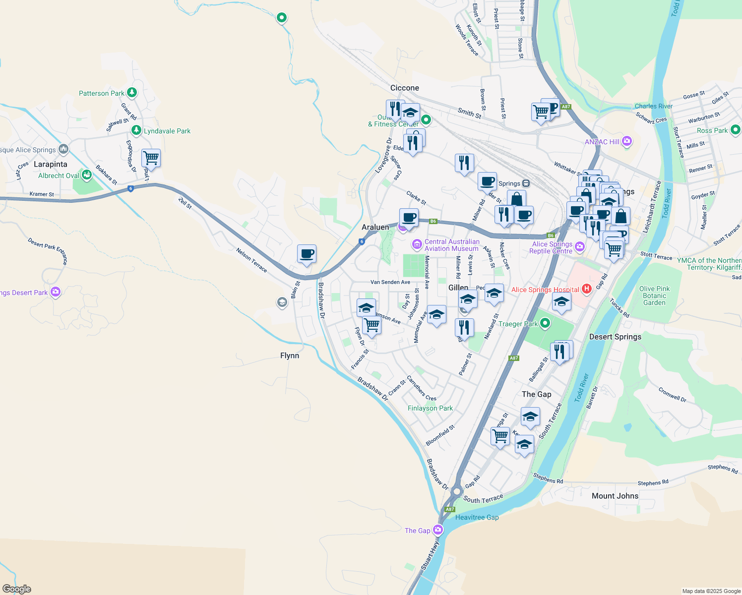 map of restaurants, bars, coffee shops, grocery stores, and more near 12 Spencer Street in Gillen