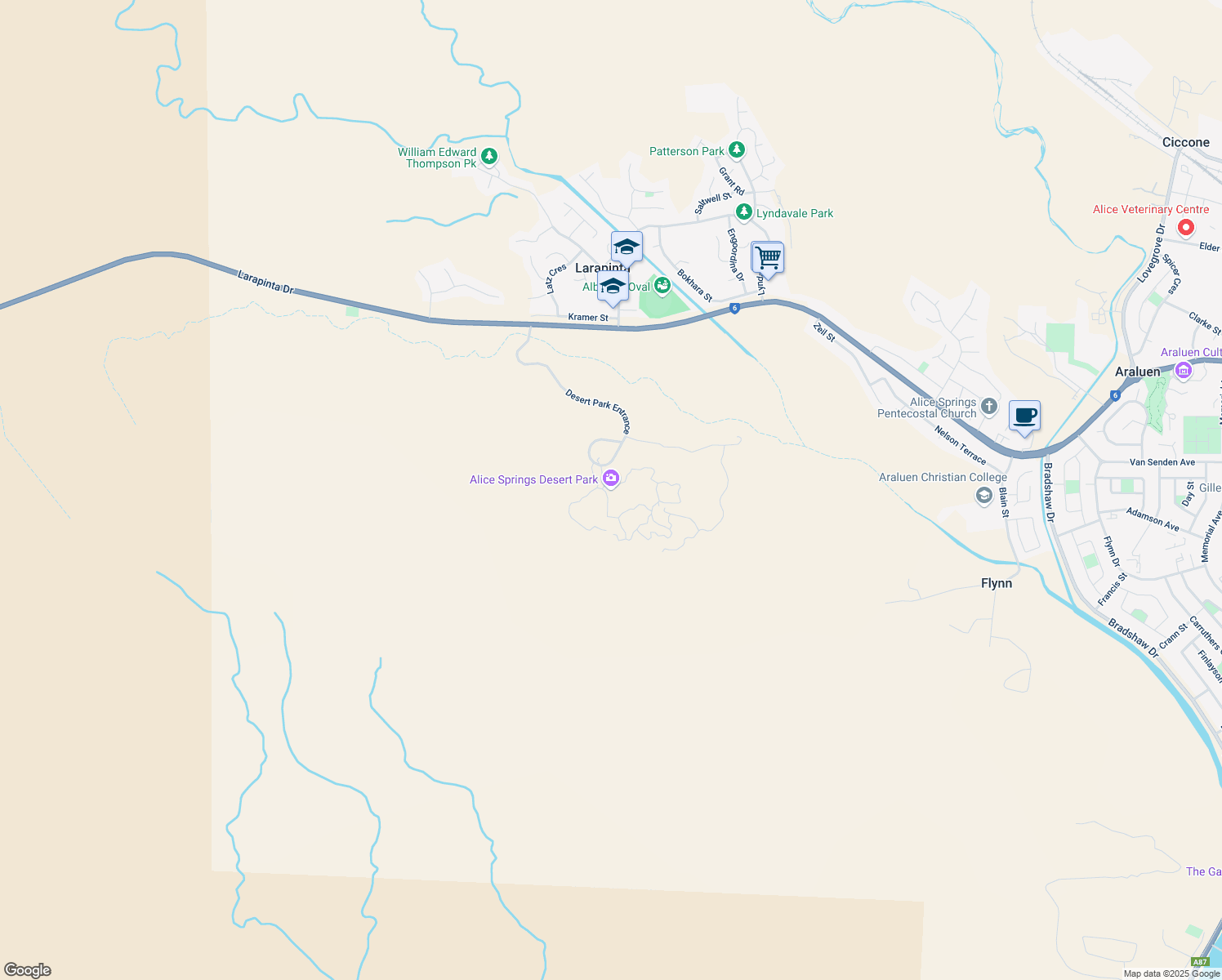 map of restaurants, bars, coffee shops, grocery stores, and more near 871 Larapinta Drive in Alice Springs