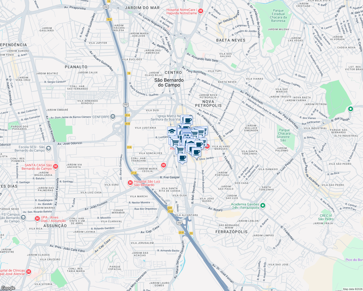 map of restaurants, bars, coffee shops, grocery stores, and more near 95 Rua Tenente Salles in São Bernardo do Campo
