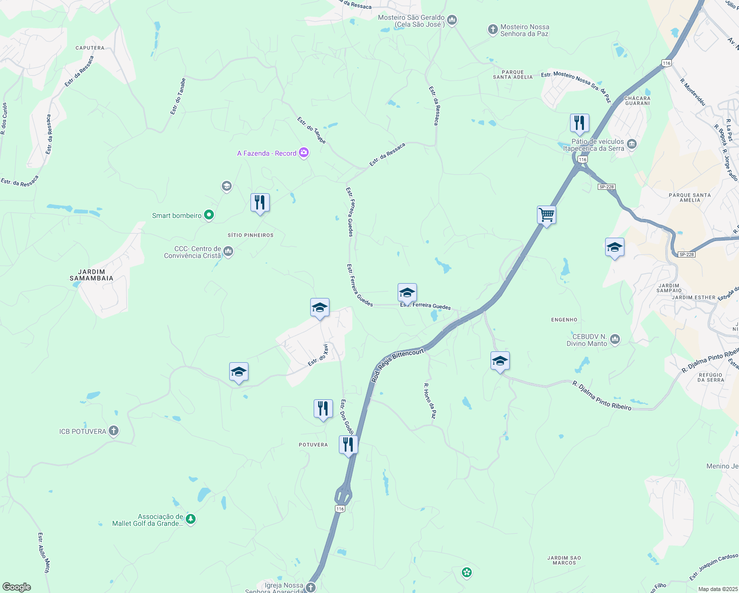 map of restaurants, bars, coffee shops, grocery stores, and more near 784 Estrada Ferreira Guedes in Itapecerica da Serra