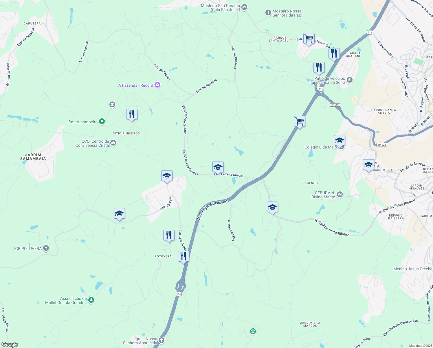 map of restaurants, bars, coffee shops, grocery stores, and more near 784 Estrada Ferreira Guedes in Itapecerica da Serra