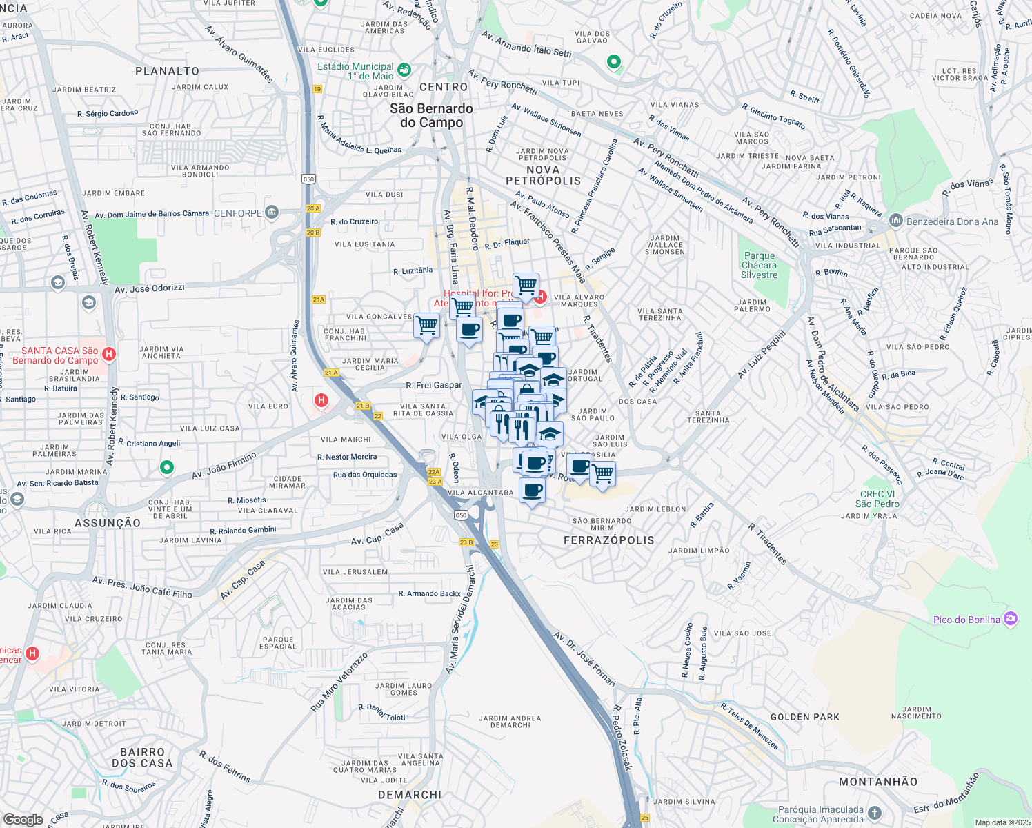 map of restaurants, bars, coffee shops, grocery stores, and more near Rua Armando Sales de Oliveira in São Bernardo do Campo